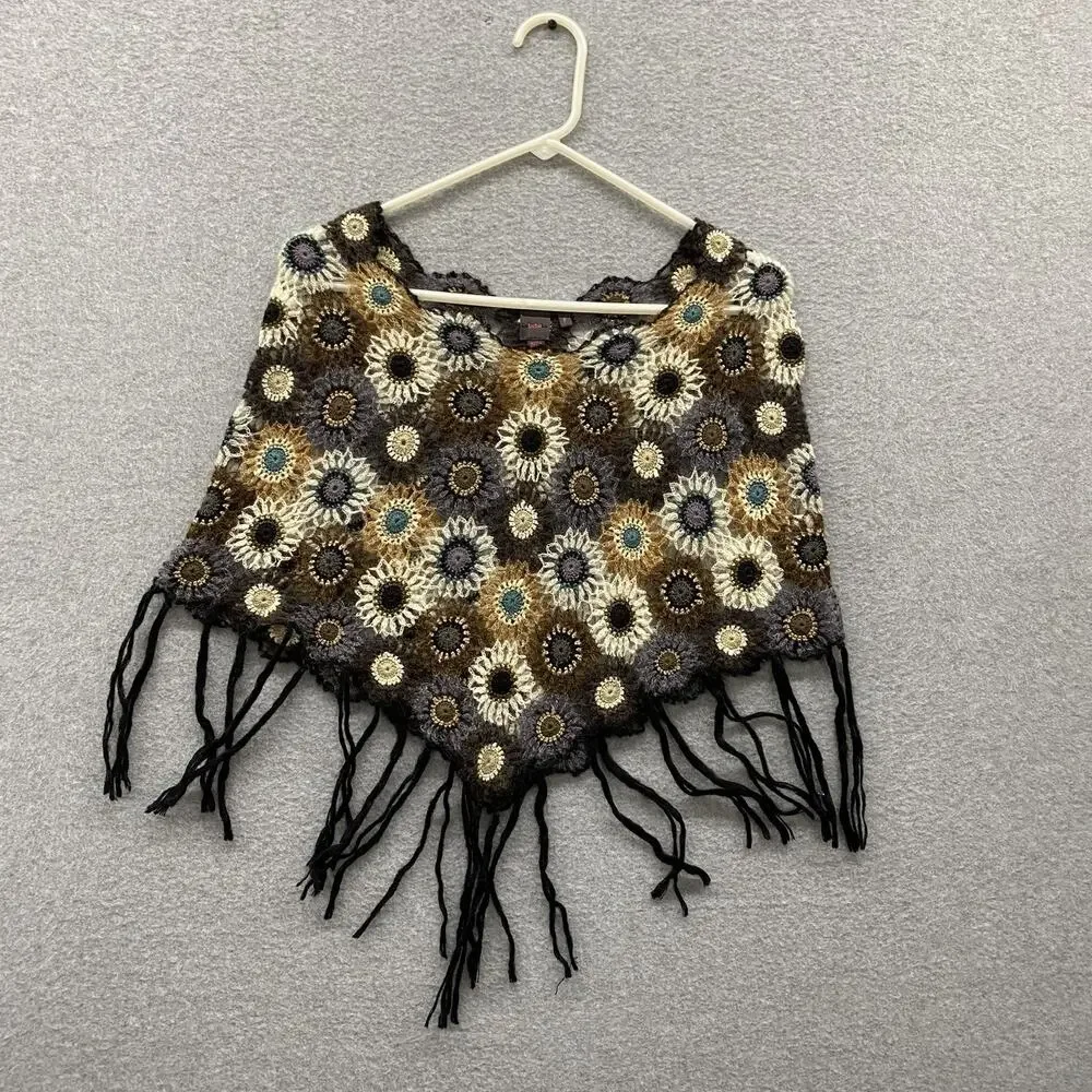 LuLu Crochet Floral Poncho Capelet Kid Mohair Wool Fringe Boho Festival One Size